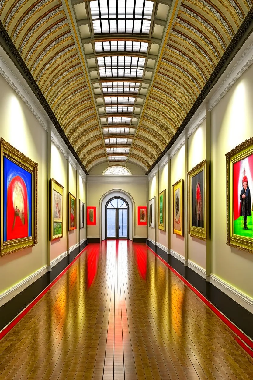 3D-shot A hall for displaying art paintings in an oval shape, and there is an oval wall in the middle of the hall, and the paintings are hanging on the walls