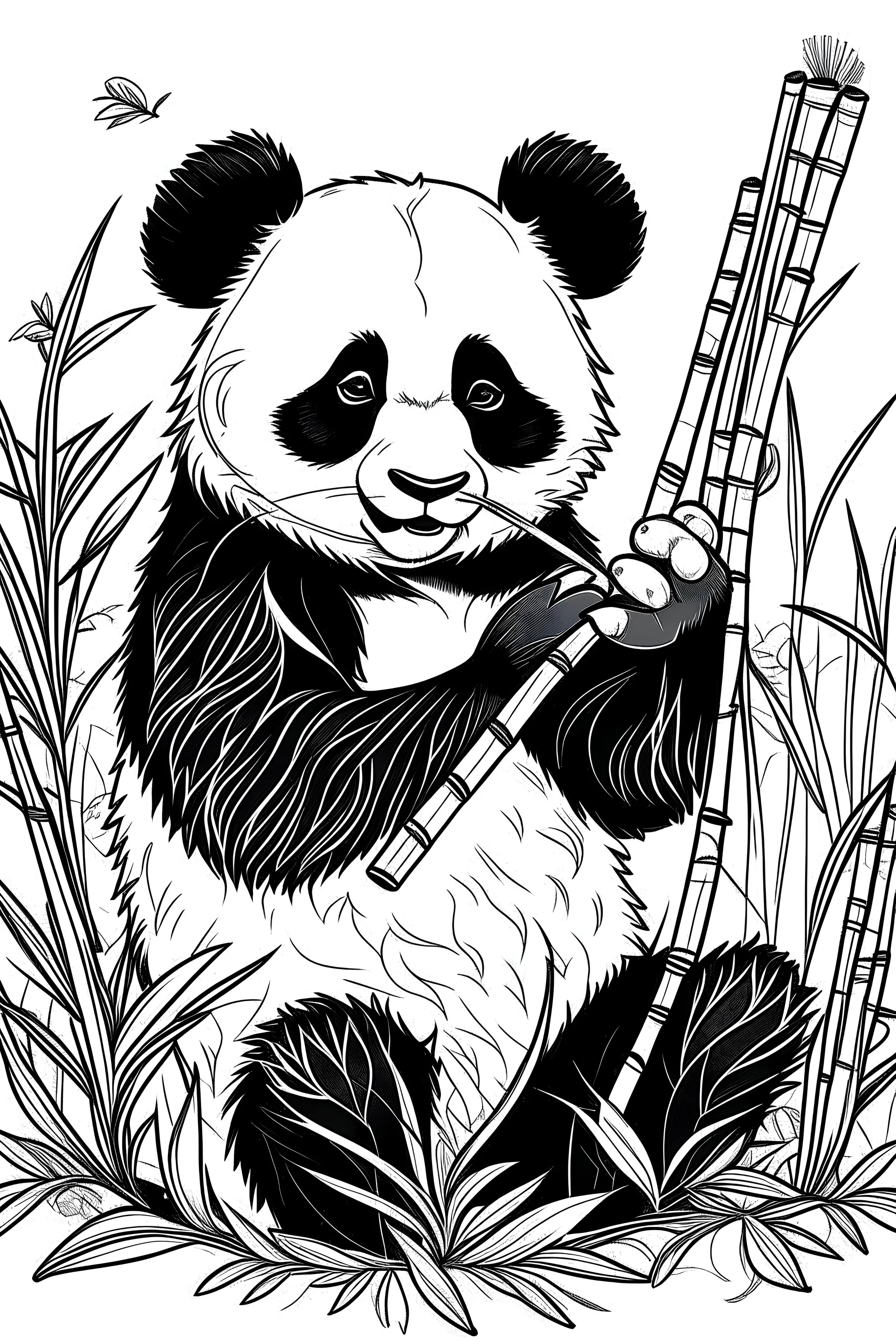 Showcase a playful panda, against a bamboo backdrop, clean line art, white background, no shadows, black and white coloring book.