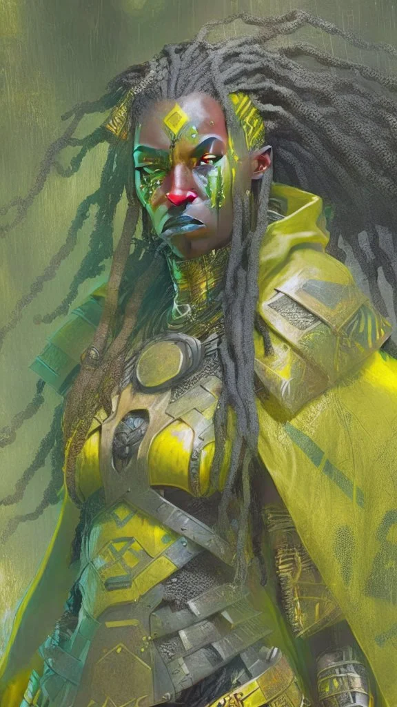 A woman has tanned skin, yellow eyes and black dreads. Her face show her superiority in the eyes of others. She is dressed in an armor with a few pieces of yellow and green cloak sticking out.