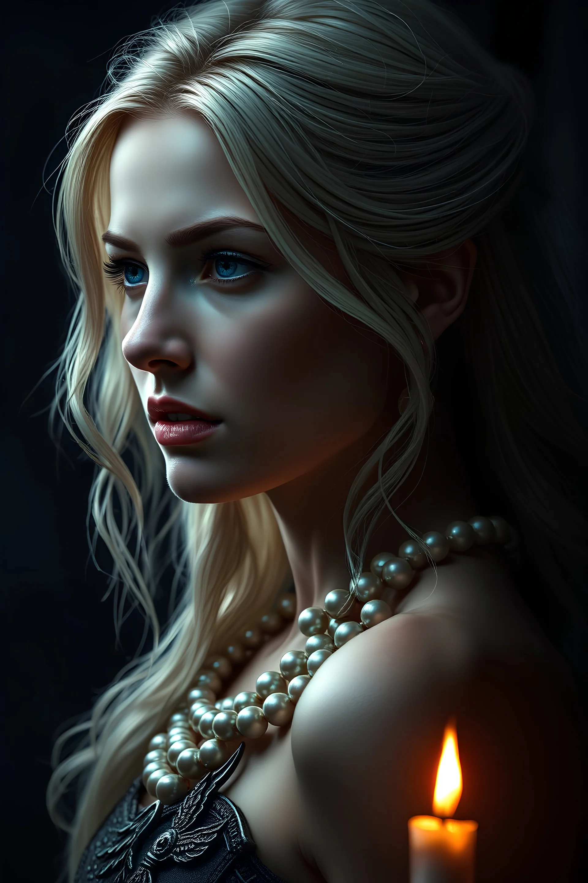 Portrait of a warrior woman, blue eyes, light blonde hair, dove symbol, dark, candlelight, glow, queen, side view, evil, dark, pearls around neck,