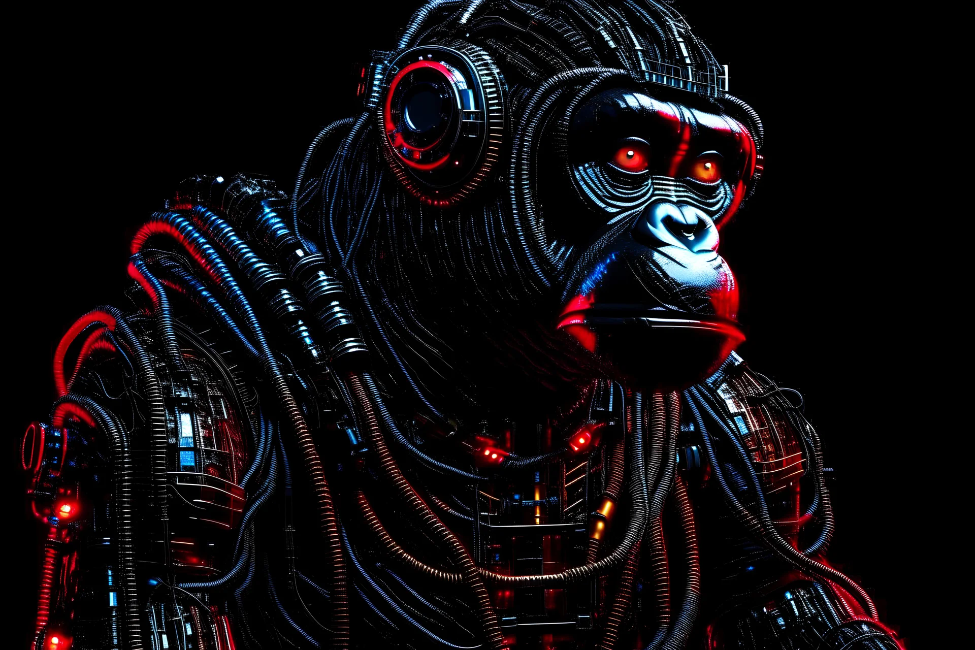 full view of a realistic cyberpunk style geometric robotic gorilla in 3/4 view wearing rectangular goggles and a high tech cybersuit with various wires lights and doodads made of reflective black plastic rusted metal and refuse looking up into the sky in harsh high contrast lighting from the top right