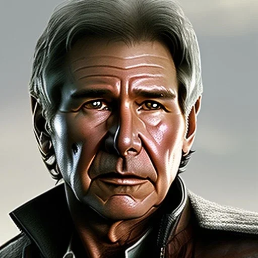 stunning photo realistic head to waist portrait of harrison ford as han solo in star wars with photo realistic short hair by alice zhang,Sam Spratt, Yi Fan, Houston Sharp, Matija Obrovac, Sharp focus, brown eyes,photo realistic skin, realistically and naturally weathered skin,space jacket from star wars, intricate