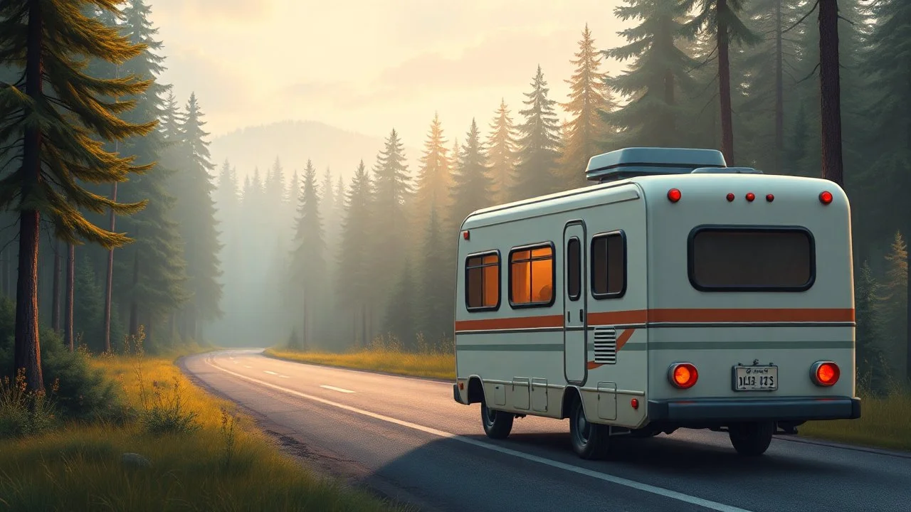 A camping bus at the side of a road, facing towards a cozy forest scenery. Digital art. Cozy. Warm. Cute. Using this colorscheme: "2f383e","374247","4a555b","859289","9da9a0","d3c6aa","e4e1cd","fdf6e3","7fbbb3","d699b6","dbbc7f","83c092","e69875","a7c080","e67e80","eaedc8"