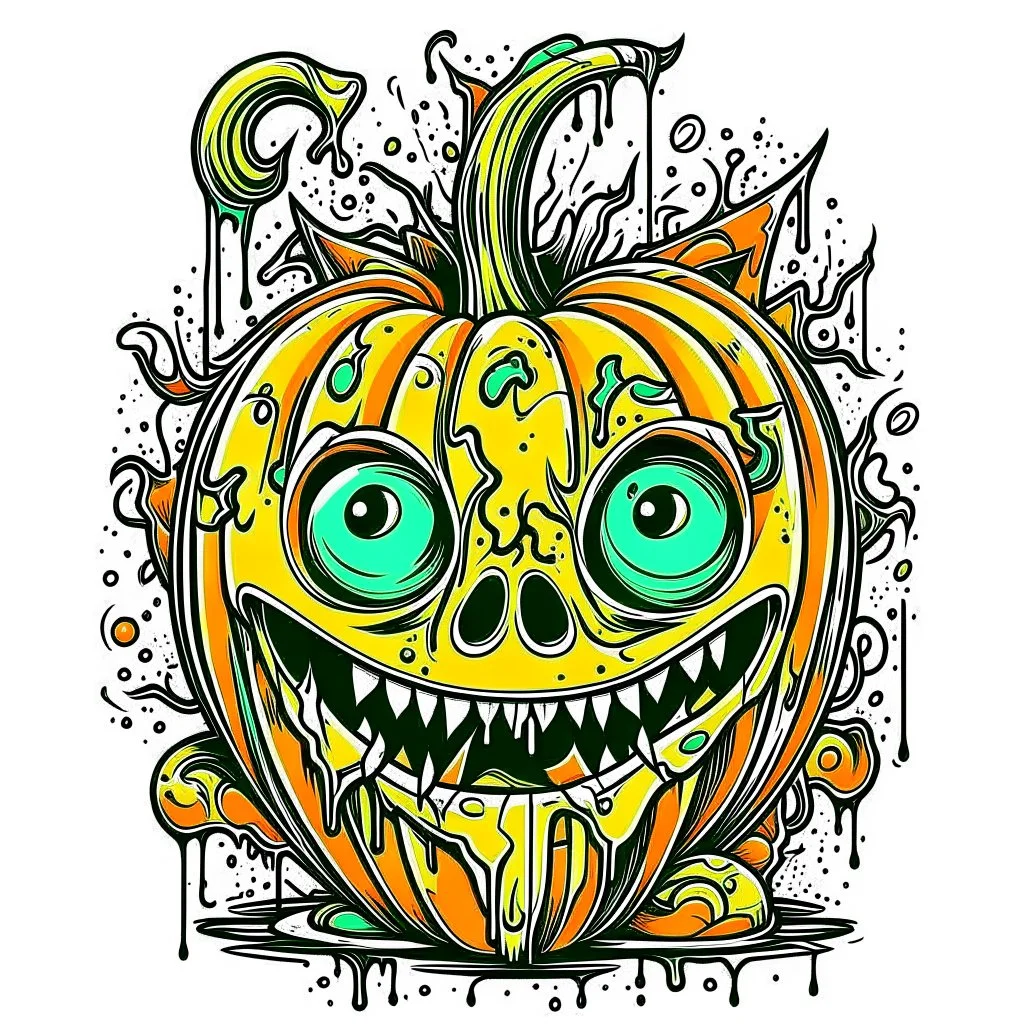 vector t-shirt art ready to print colorful graffiti illustration of a Halloween pumpkin, cute, action shot, vibrant color, punk, high detail, white background