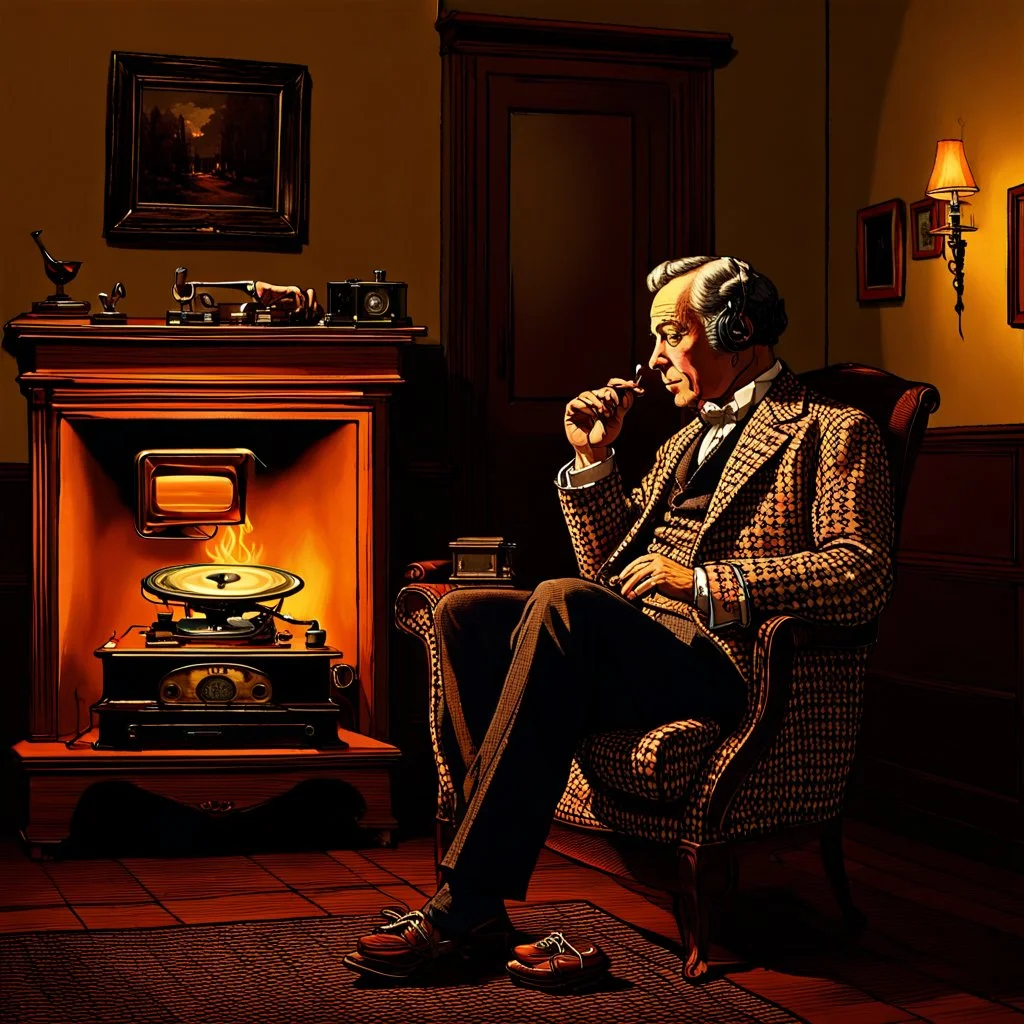 An English gentleman wearing a checkered tweed jacket, wearing slippers, sitting in a wing chair by the burning fireplace, listening to music emanating from an old gramophone, in the background an antique radio receiver standing on a dresser, a bookcase and an oil painting of Queen Victoria, realistic shot, taken indoors In yellowish light, nostalgic atmosphere, 12K