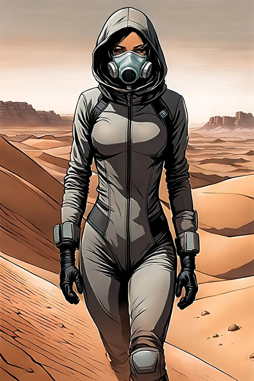 create a fine art print full body illustration of a rugged Fremen female in a stillsuit with breathing mask, catchpockets, stillsuit hood and gloves, of muted blacks, and greys, with highly detailed feminine facial features, traversing a a rocky outcrop amidst the desert sands of Arrakis, dusty, gritty, in the comic book art style of Bill Sienkiewicz, and Jean Giraud Moebius, finely textured, drawn, colored, and inked,