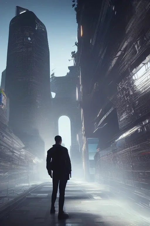 Human standing and looking at a andorid detroit become human, sci-fi fantasy style, volumetric lighting, particales,highly detailed,cinamatic, deep colours,8k.