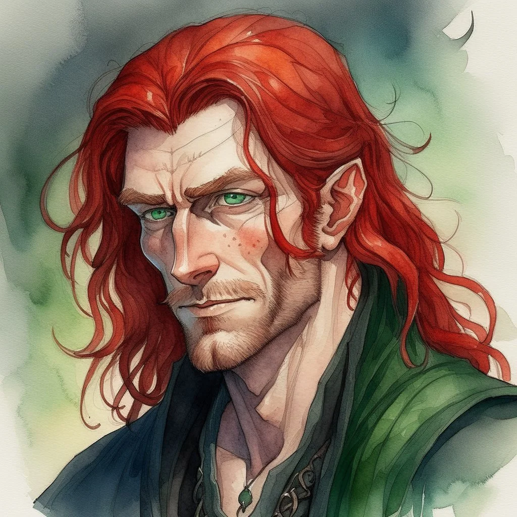 dnd, fantasy, watercolour, large strokes, stylistic, portrait, illustration, dull colours, male, face, narrow long face, weathered face, green eyes, determined, smiling, red hair, very long hair streaming down the shoulders, lush hair, radiating light, five o'clock shadow, elegant, short small mouth