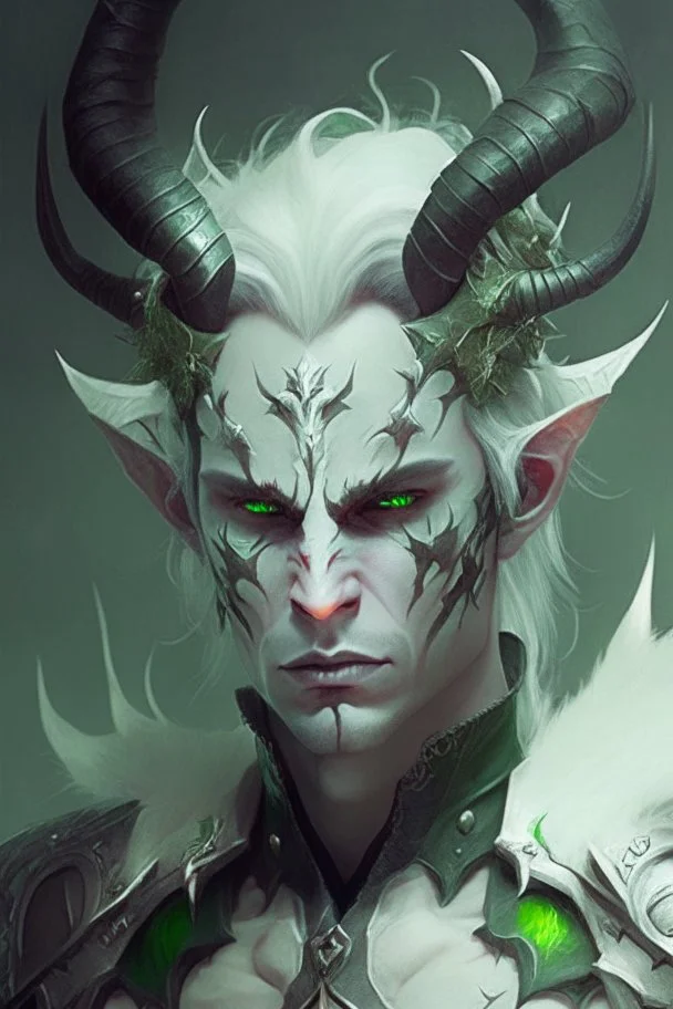 Demonio hombre de piel blanca hermoso con cuernos pequeños y armadura negra y verde