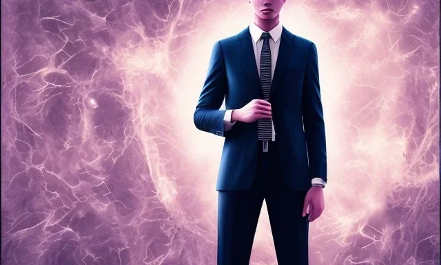 man in suit, view from ground, huge wind blowing over suit, epic pose, vaporwave