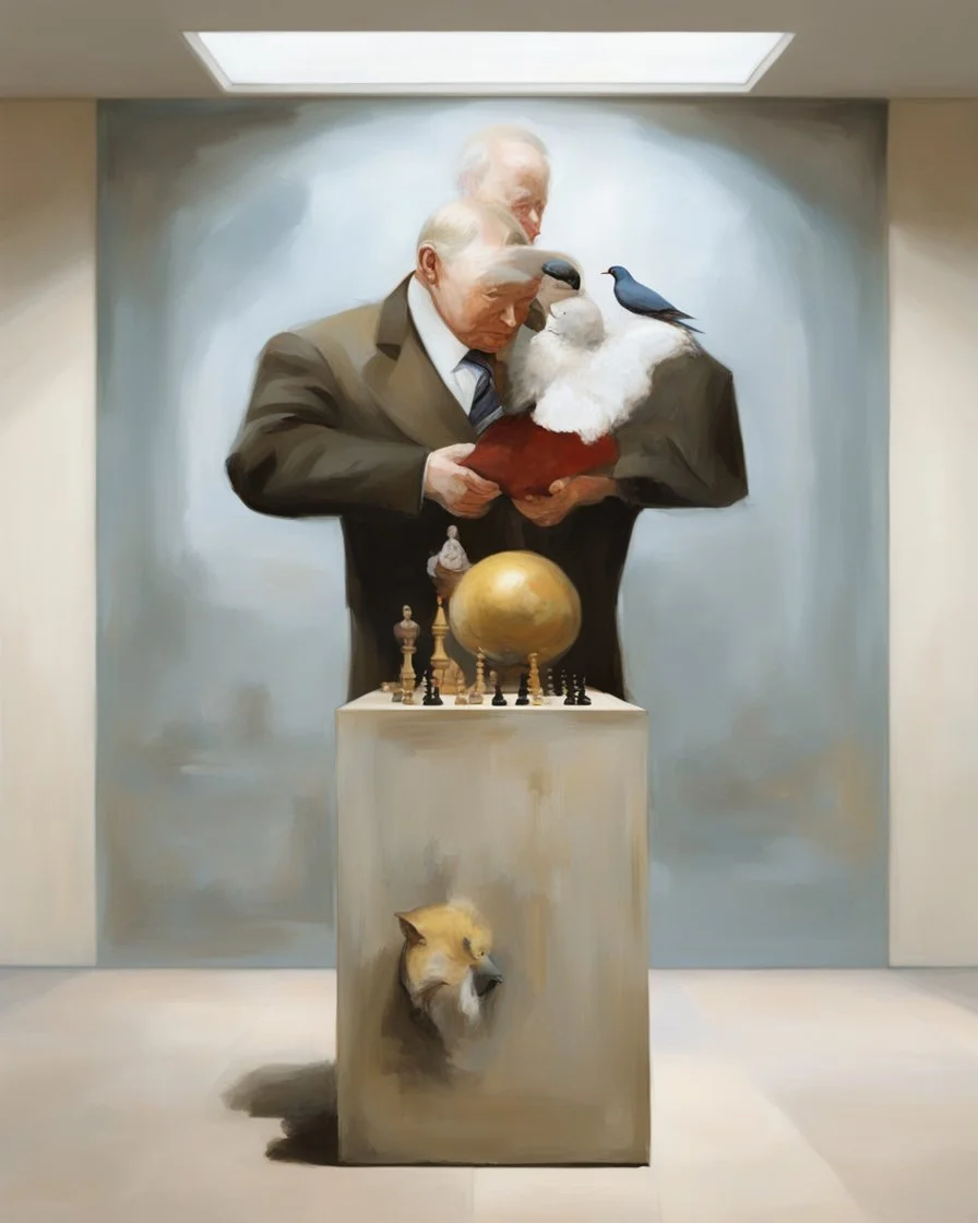 Putin, President Xi Of China And Joe Biden Play Chess With A Pigeon,Ufo And Atomic Bomb Mushroom Cloud,Complex Surgical Instruments Intermixed With A Newborn Boy,Minimalism,Painting By Adrian Ghenie,Rene Magritte,Pablo Picasso,Michelangelo,Salvador Dali,Lucian Freud