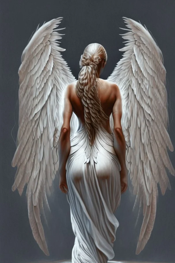 full body woman angel from back wings coming from her back, bun haired angel wearing long tunic ultra realistic