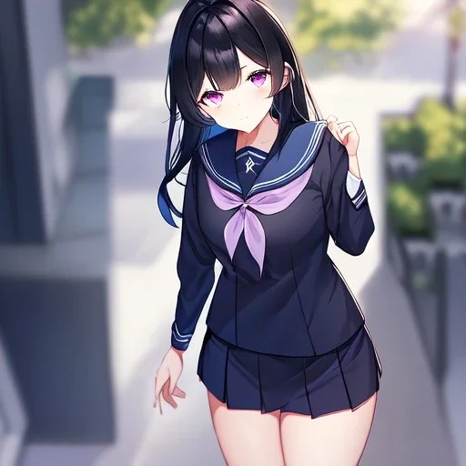 Clear focus, High resolution, Long fluffy black hair, Purple eyes, Wearing a sailor uniform, must be wearing a short skirt