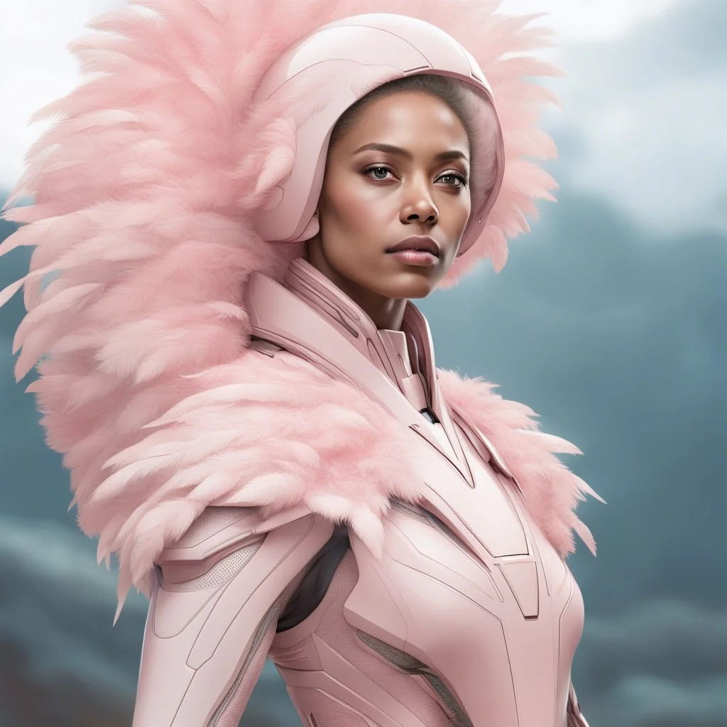 a female, sentient alien with a humanoid body covered in feather-like pastel pink fur