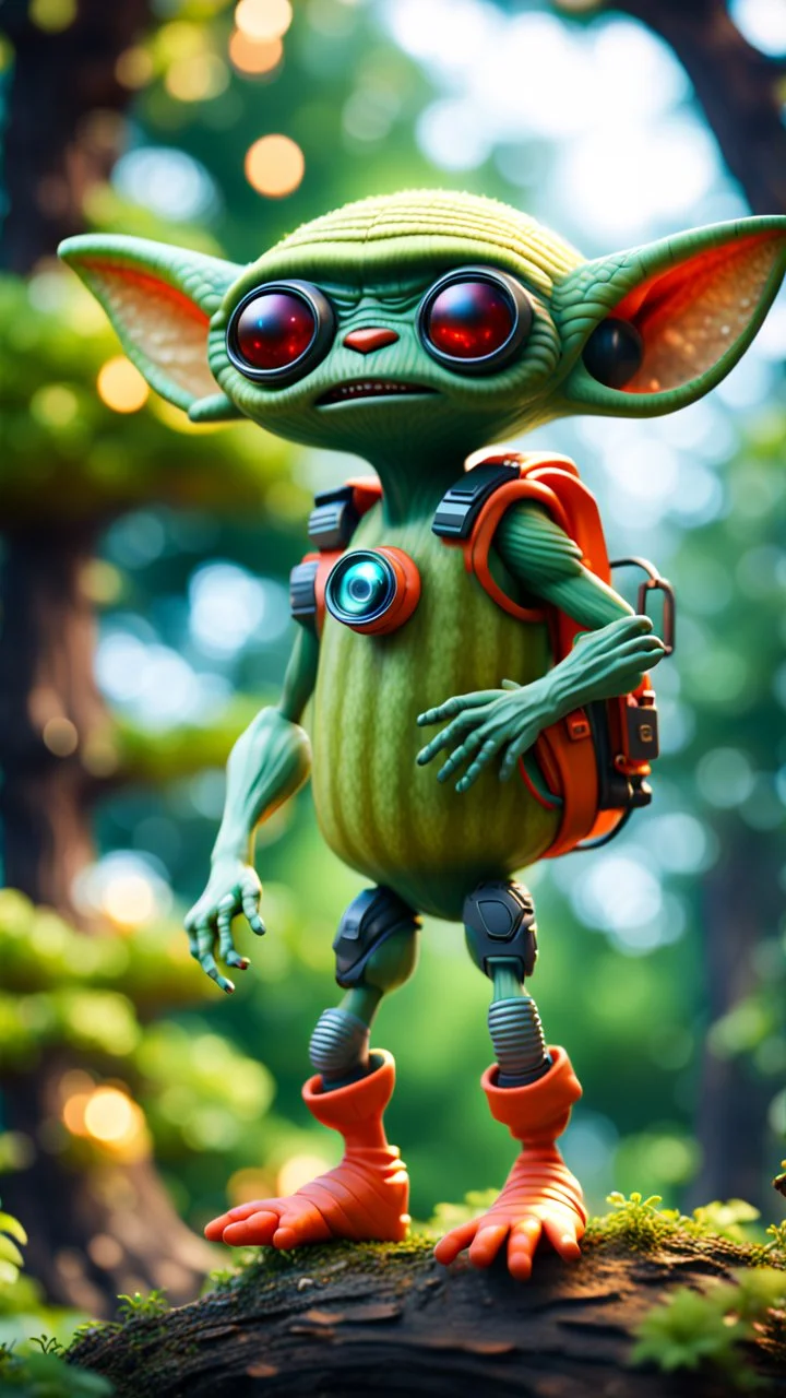 melon alien gremlin with rocket backpack awesome space camera in giant treetop ,bokeh like f/0.8, tilt-shift lens 8k, high detail, smooth render, down-light, unreal engine, prize winning