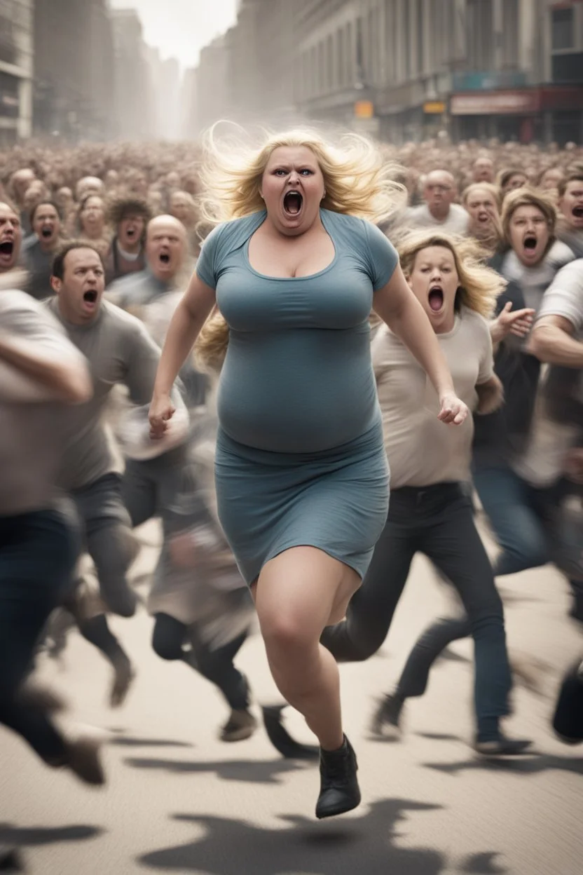 an obese terrified blonde woman desperately running away from an angry mob of hundreds chasing far behind her