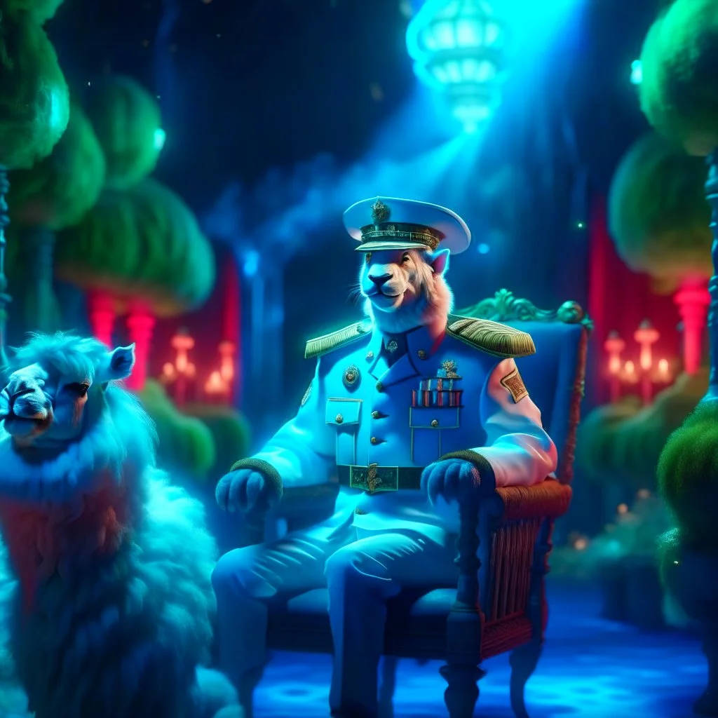 portrait of macho army officer on a bar chair inside glowing mushroom grove with huge fluffy space lama, 4 k, down-light, soft light, depth of field, photo realism, trending on art station, high detail, spray paint