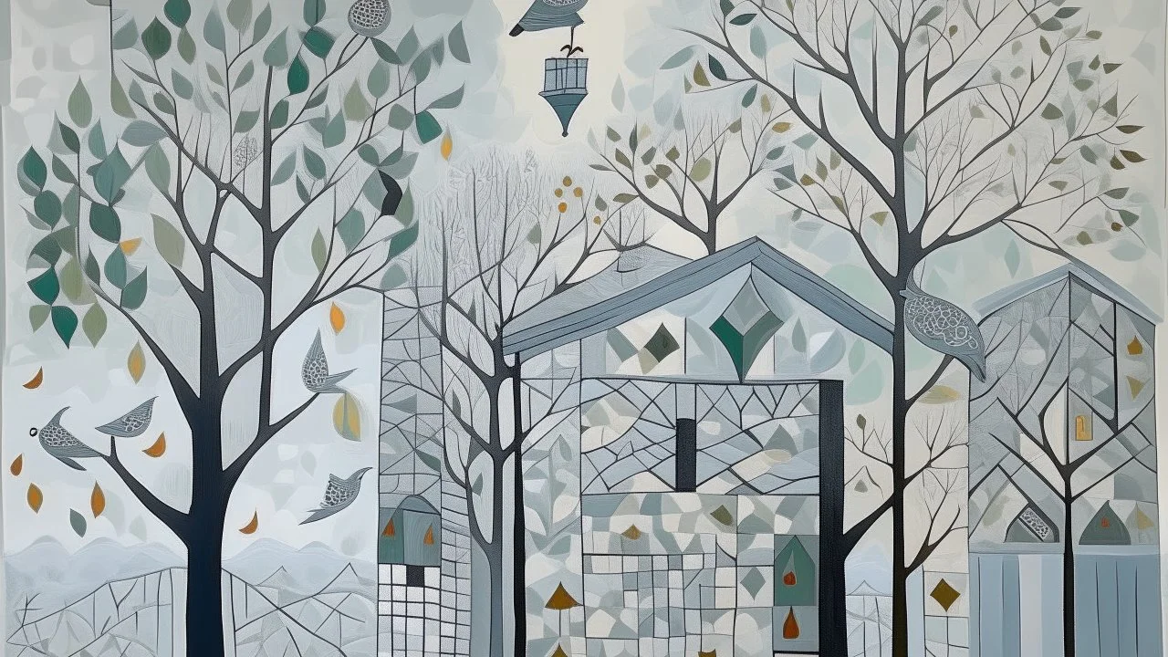 Light gray foggy treetops with birdhouses designed in ancient Greek mosaics painted by Henri Matisse
