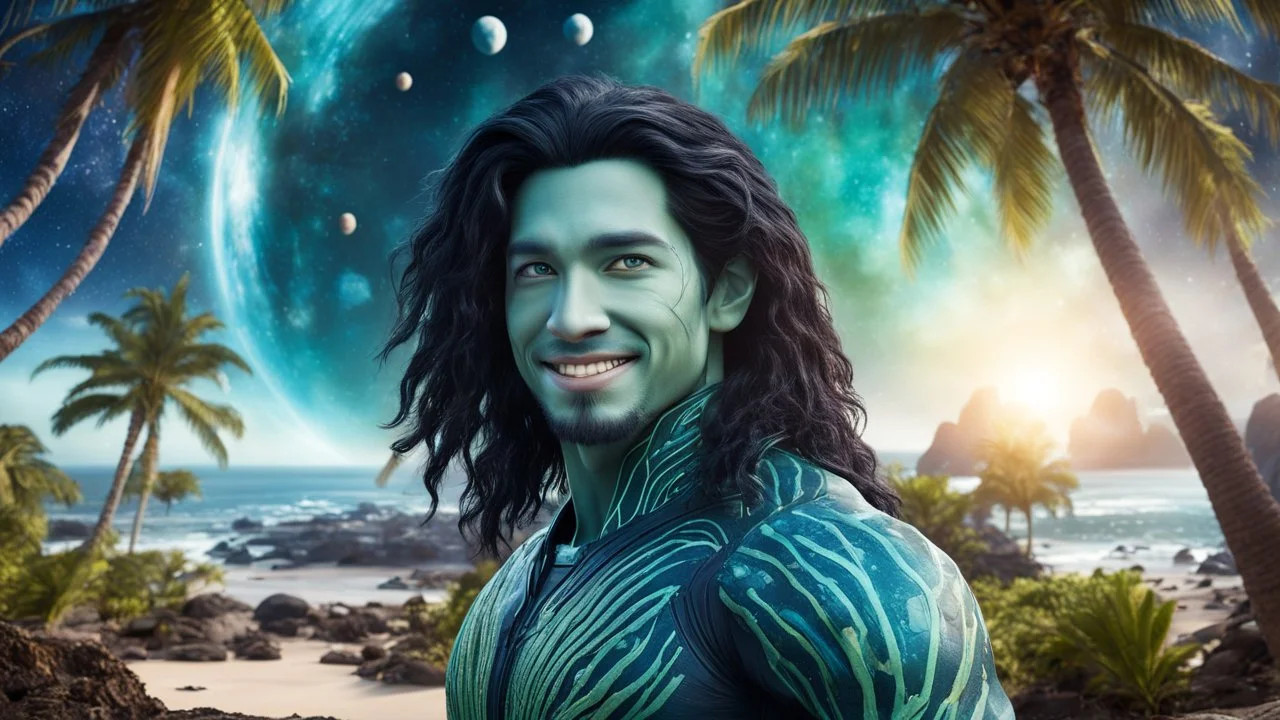 beautiful gorgeous young man na'vi with long hair, Avatar, blue skin, two small ears, green eyes, black hair, in cosmic suit, galactic ambiance, medium pointy goatee , smiling, with spaceship and planets and palm trees and clear crystaline cosmic beach in background