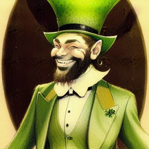 portrait of elf man,, beard,top hat,elegant gold and green suit,smiling, by Jean Baptiste Monge