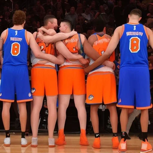 three Australian men kissing in New york Knicks jerseys