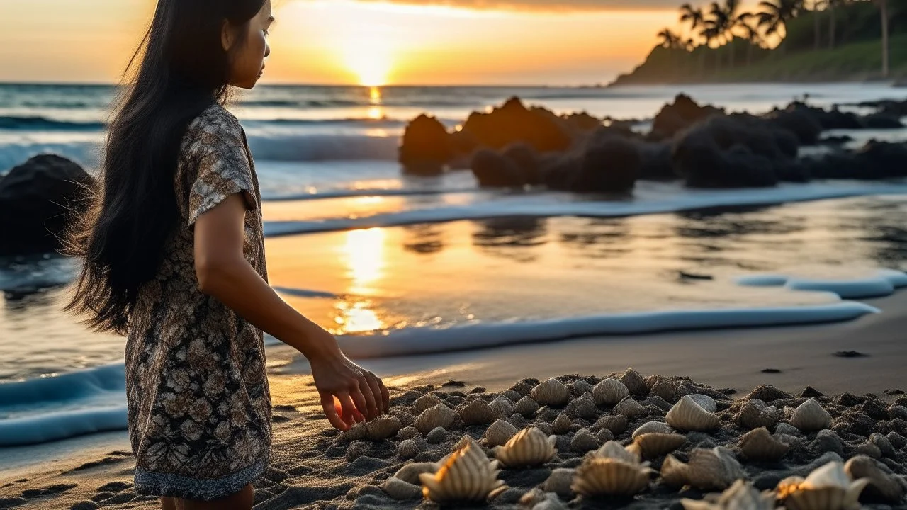 A serene beach at sunset in Bali: an Indonesian woman with long black hair, wearing a batik sarong, walks along the shore, collecting seashells.