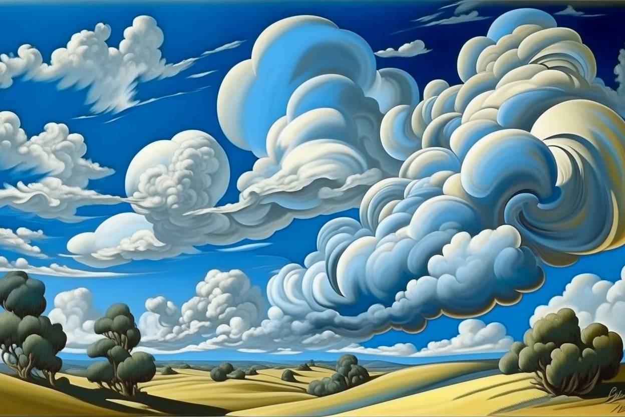 A light palish blue windy sky with clouds painted by Thomas Hart Benton
