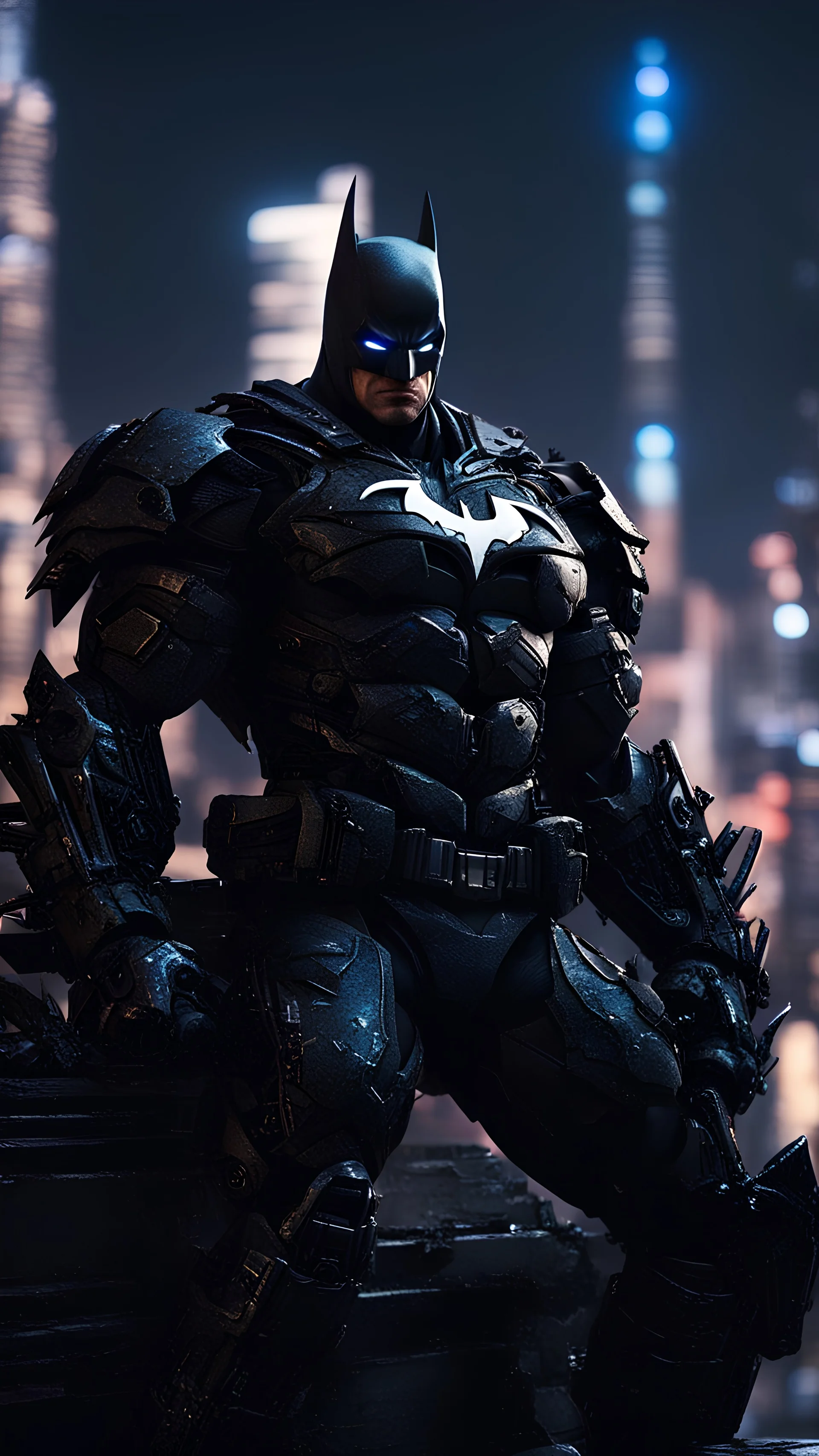 Batman wearing venom armor, face visible, sharp face focus, ready for batt, destroyed city in the background, deep perspective. bokeh, rim lights, light leaks, neon ambiance, abstract black oil, gear mecha, detailed acrylic, grunge, intricate complexity, rendered in unreal engine, photorealistic