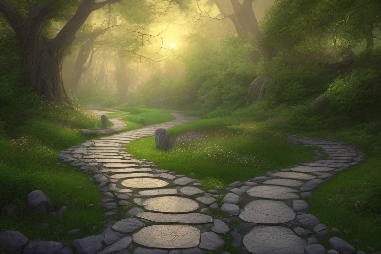  winding stone path lit river