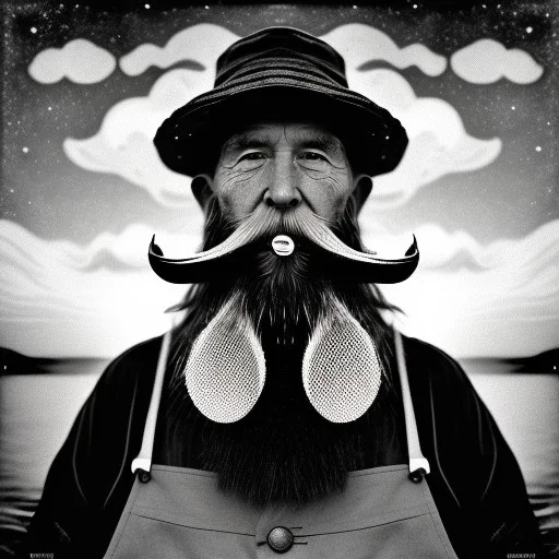 pencil Black and white Portrait of old fishermen sitting on a chair ,long beard, smoke coming out of Wooden Tobacco Smoking Pipe ,wearing a bucket hat, Cloudy background ,sunset, fantasy 8k by Van Gogh