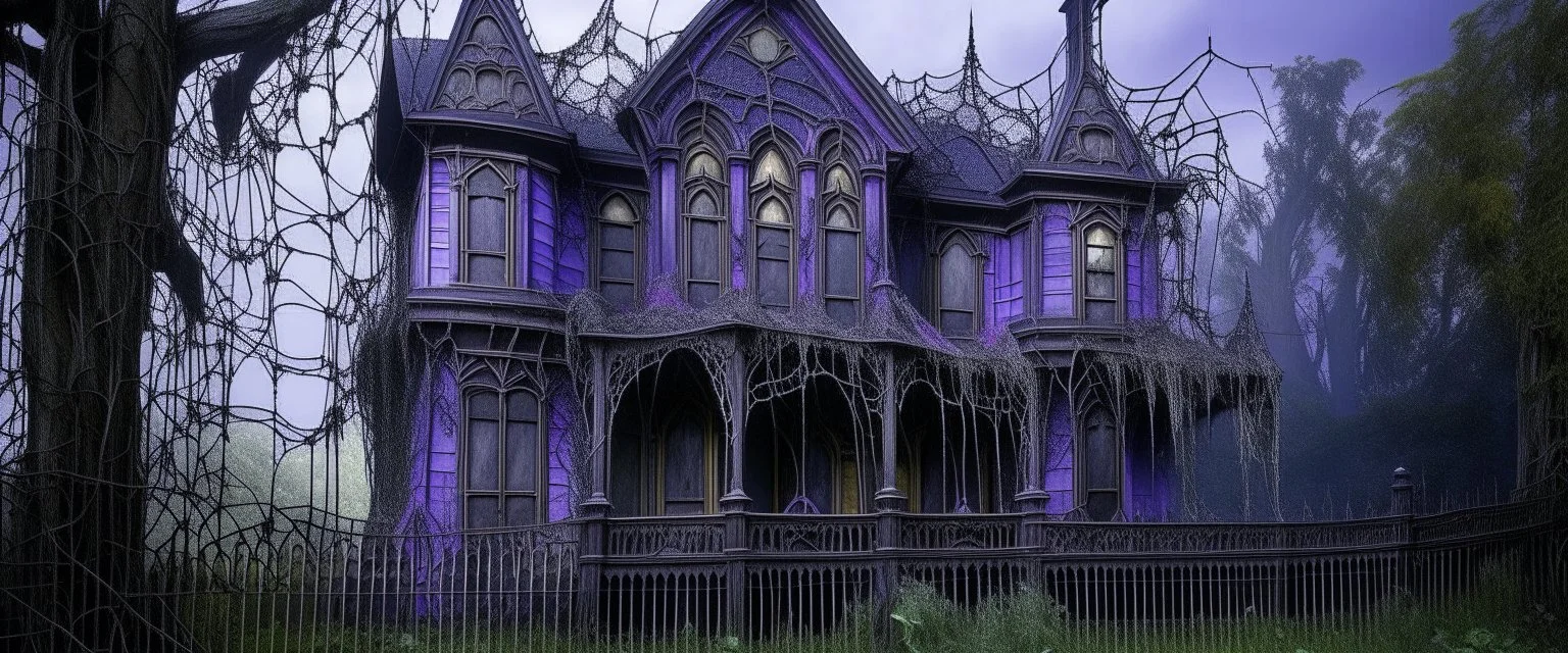 A purple haunted mansion covered in cobwebs painted by the Limbourg brothers