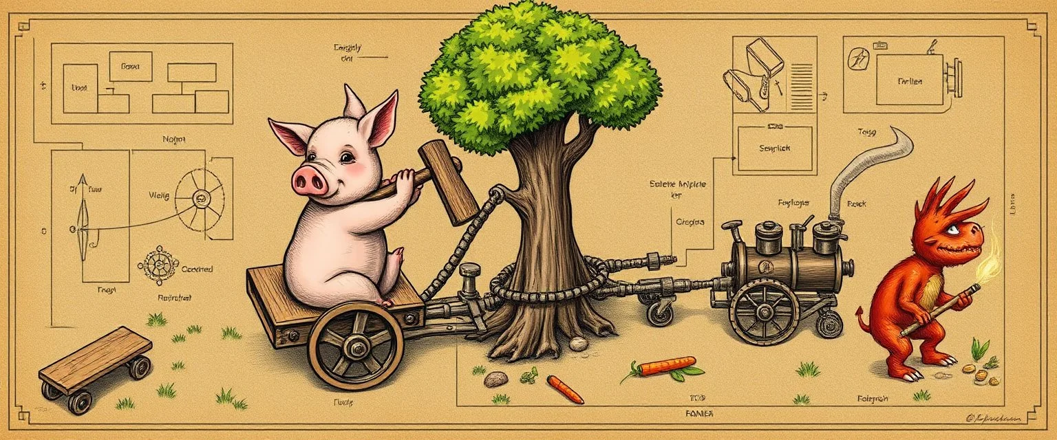 medieval drawing ,put a tree crying oink the picture ok? we see a pig in action chopping down trees with the lumbotron, isometric blueprint of hi tech metal gear Gnome invention, winning prize at gnome convention, The Lumb-O-Tron A jury-rigged combination of a cart, pulley system, and an axe designed to chop down trees. The motion is powered by {a yoga pig in a wheel treadmill spurred by a carrot on a stick | a crude stationary bicycle | a tiny steam engine heated by a red pseudodragon