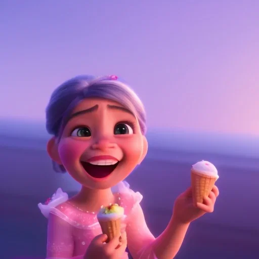 cute, adorable, smileing girl eating ice cream, candies flying all around her, Pixar, disney, cinema lighting, gaming, 8k, magic, love --q 1 --v 4