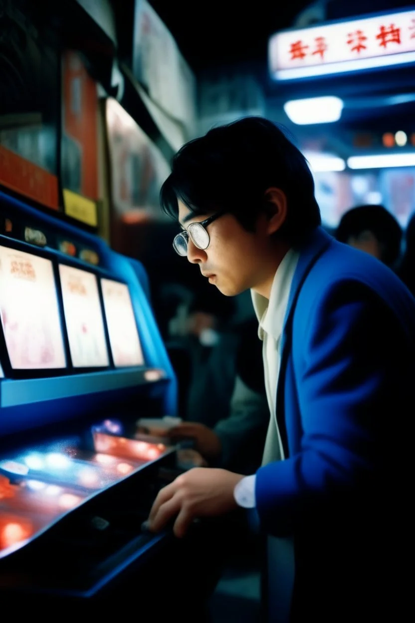 A yung detective art from japanese style 1980 movie. Heavy metal arcade. perfect lighting, leica summicron 35mm f2.0, kodak portra 400, film grain. hangover post party, wasted.