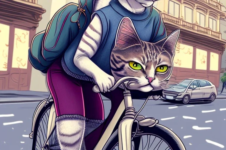 One single cat wearing jeans and sweater, riding on a bike in Vienna, perfect iris, manga style, cute