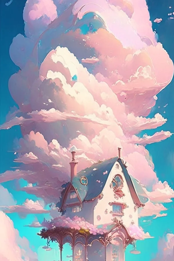 A whimsical dwelling delicately constructed entirely of real clouds evocative of a dreamy landscape floating somewhere between heaven and earth, Dreamy, Pastel colors, Vibrant lighting, Highly detailed, Digital painting, Artstation, Concept art, Magical, Sparkling, Enchanting, art by victoria skitt, pascal campion, Loish, Trending on deviantart.