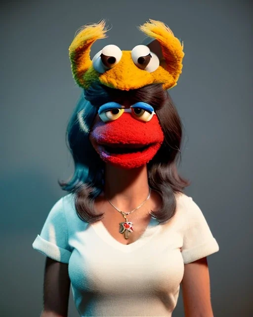 Portrait, hybrid character, waitress brunette woman with monster muppet mask that covers her entire head, retro style, Sesame Street style, smooth, unreal engine 5, god lights, ray tracing, RTX, lumen lighting, ultra detail, volumetric lighting, 3d.