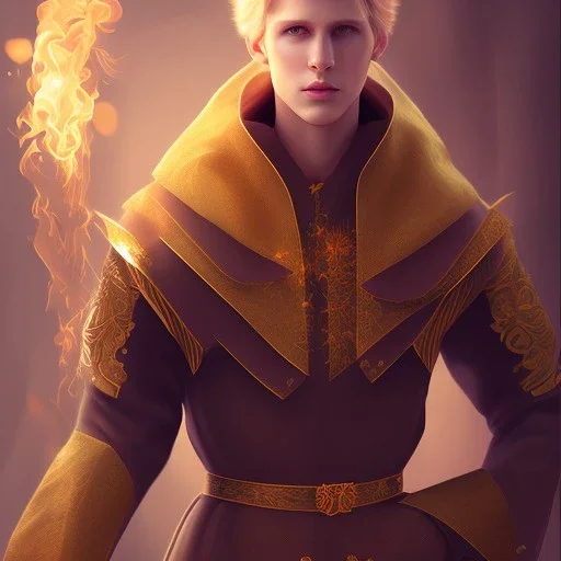 Male, Human, Blond, Sorcerer, Fire Mage, Golden Eyes, Young, Photorealism, Full Body Shot, Forest Background