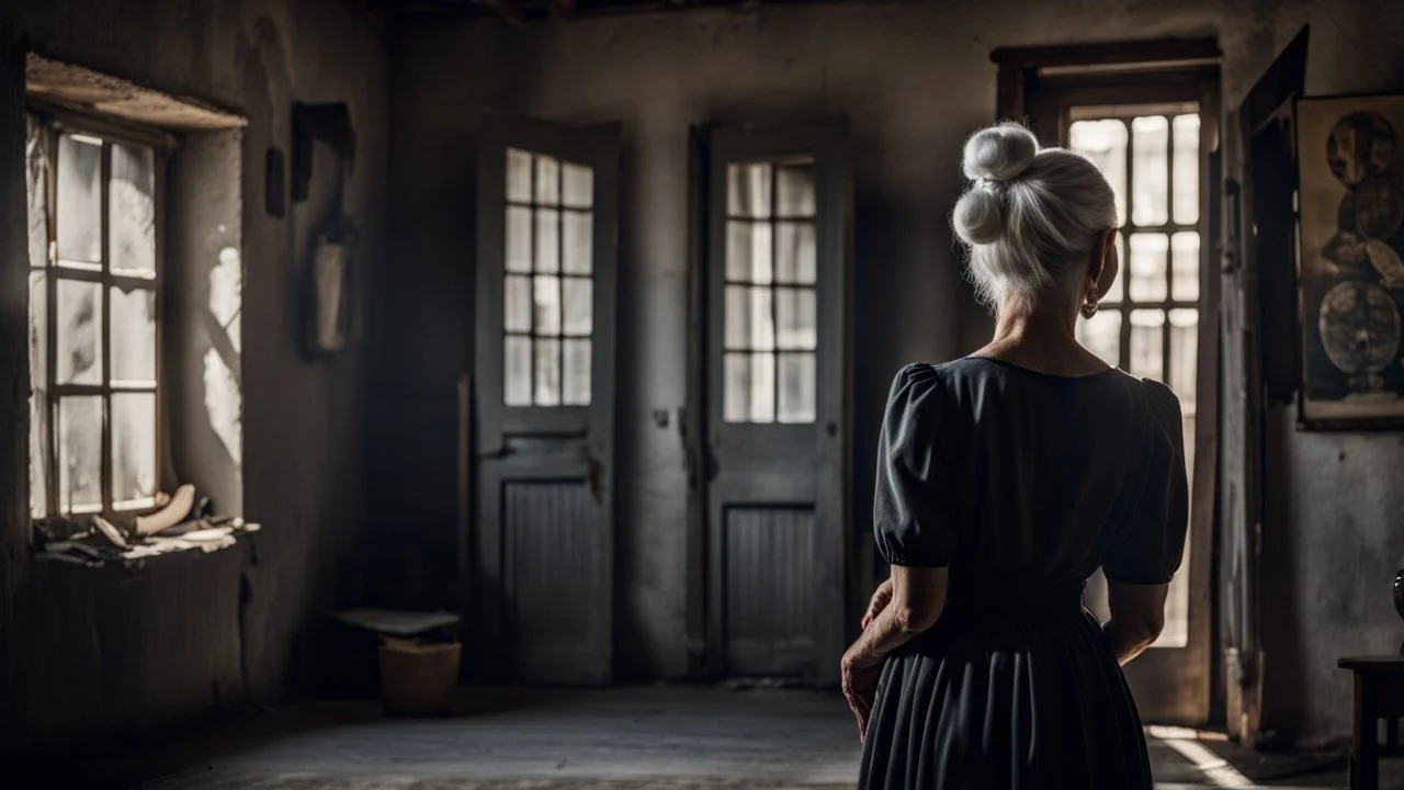 in front of the picture from the back, an old woman in a black and gray vintage dress with white hair in a bun, her standing in little old room, old, village environment, little light, shadow in the corner, dramatic atmosphere, high detailed, sharp focus, high realistic, thriller mood, perfect photo