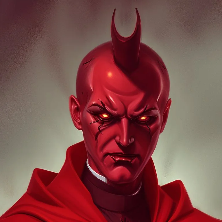 a sinister figure wearing a red suit with a red tie and a priest's clerical collar with no face and dirty slicked back hair