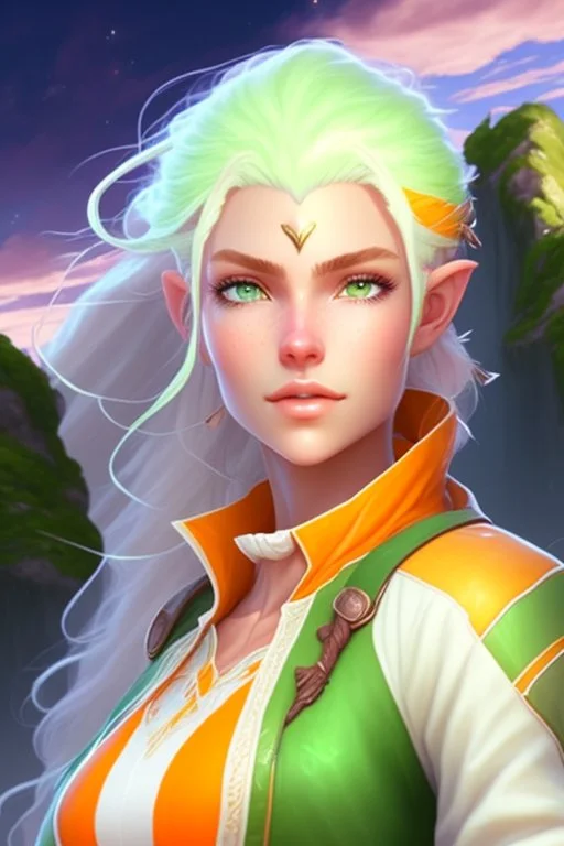 fantasy setting, woman ranger traveler with orange and white hair, pastel green eyes, kind, soft facial traits