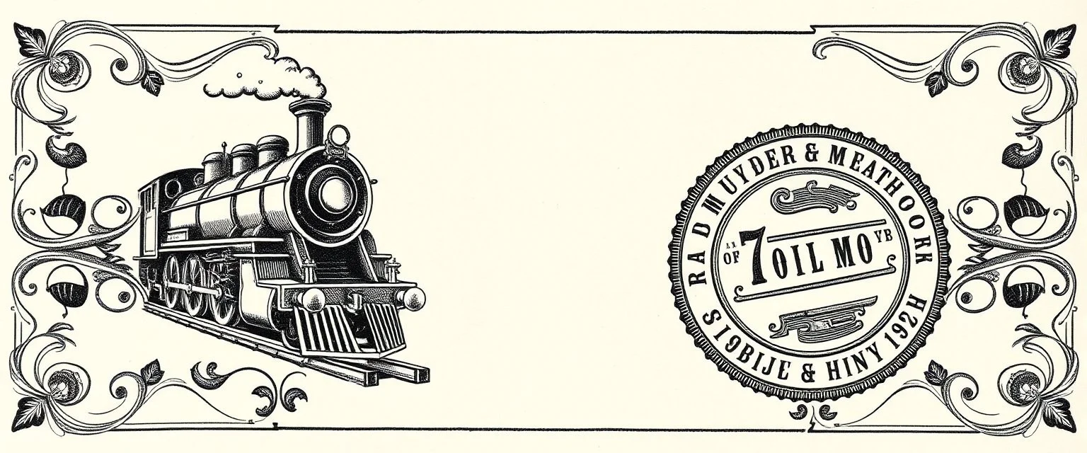 decorative corner elements(top left and bottom right) inspired by steam locomotive railroad and engraved stamps. antique printing