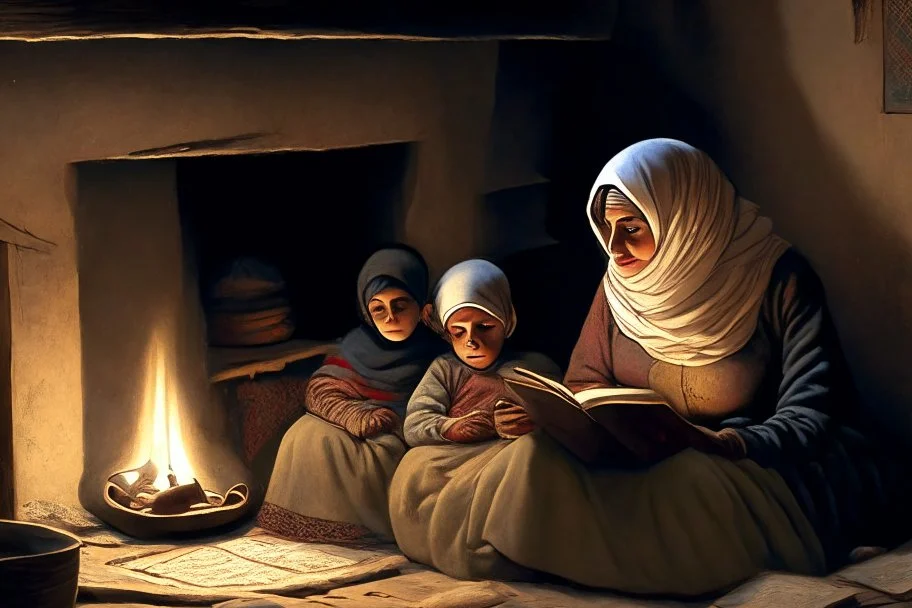 A close-up scene of an Arab mother reading the story from a book with her children around her in the room of the old wooden house near the fireplace 100 years ago.