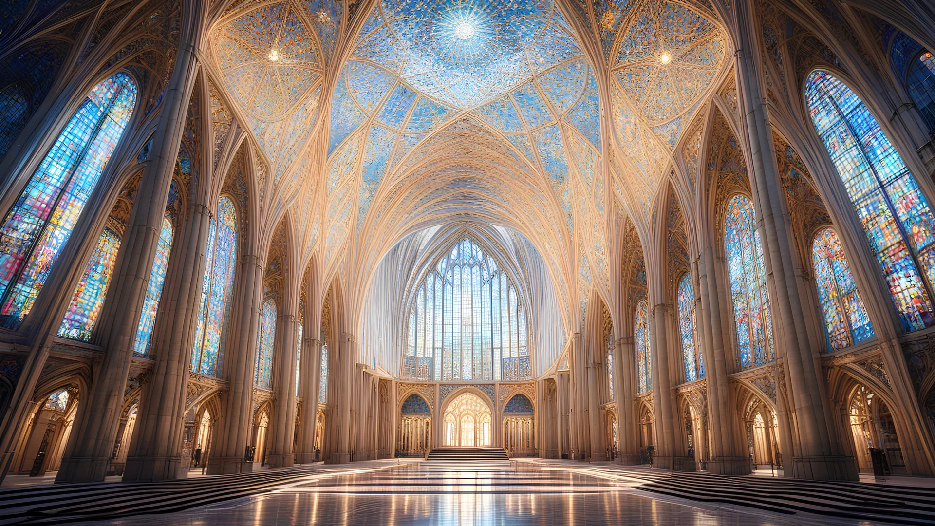 futuristic fantastic symmetrical cathedral interior view, year 2160, night, beautiful, colorful, totally symmetrical design, style Shigeru Ban, innovative architecture, award-winning photograph, awesome, serene, inspiring, spiritual, impressive, cinematic lighting, epic composition, photorealism, very high detail, Unreal Engine, Octane render, HDR