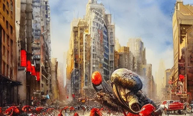 Brent Heighton, Giger, a large deep hole on the street, furry giant red spider climb out, crowded people run away, great composition, highly detailed, high quality, watercolor