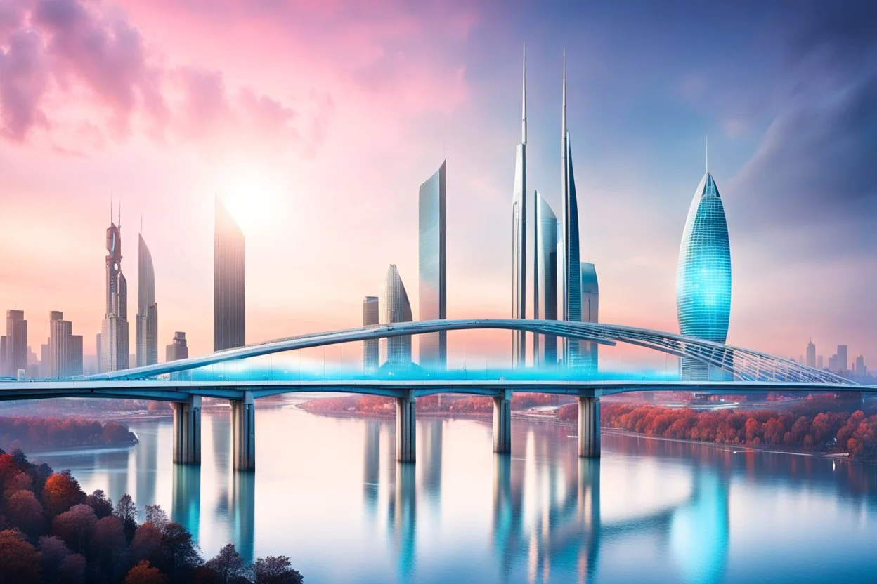 Dreamlike Skyline of Downtown futuristic hightech city in 4050 and a stunning futuristic Bridge During with dark grey clouds in sky, over the azur-silver color river, cold colors, come storm, high detalied, sci-fi, landscape