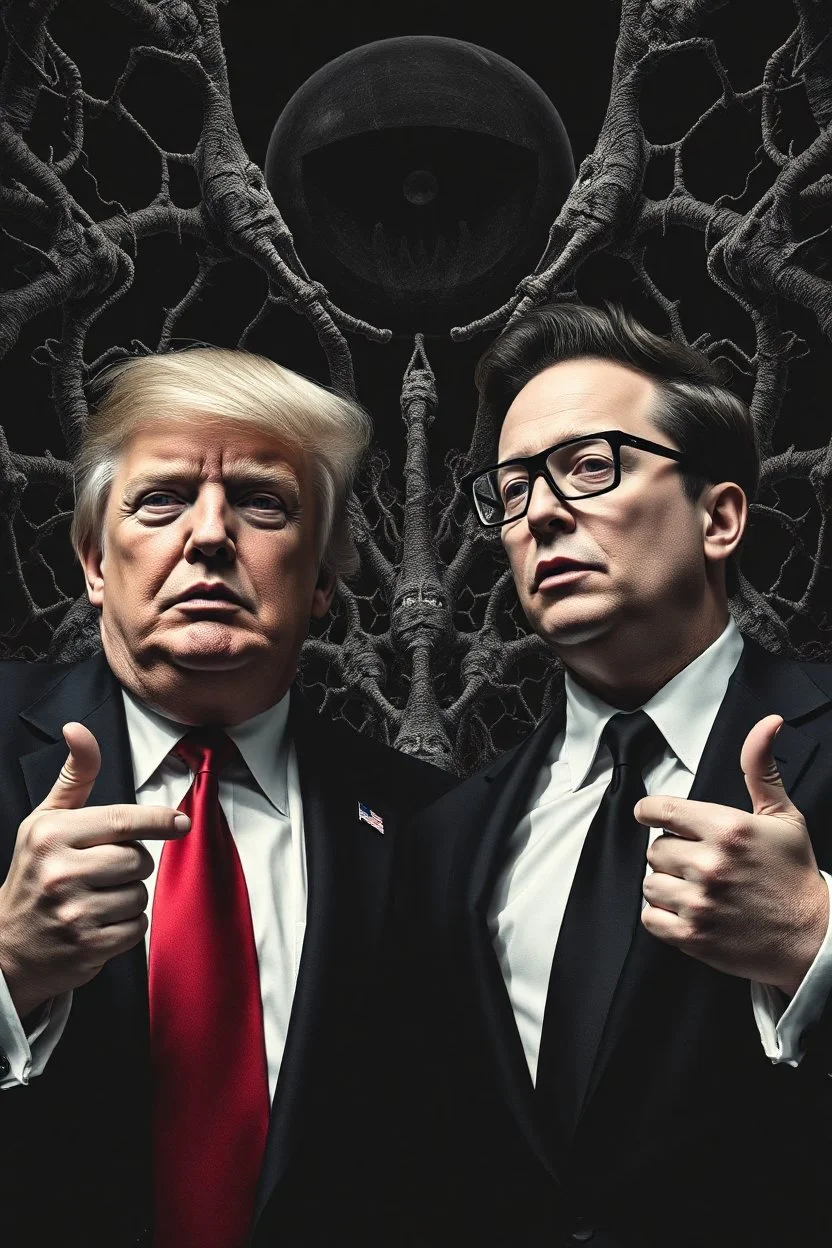 trump and Elon Musk as goth in the style of Giger and Escher