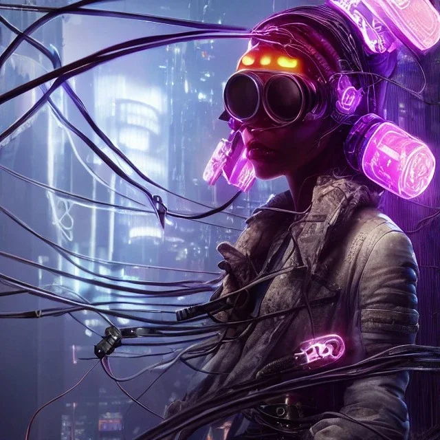 large television screen in background with tangled wires to cyberpunk futuristic helmet and goggles on woman's head and face, 8k resolution, high-quality, fine-detail, intricate, digital art, detailed matte, volumetric lighting, baroque, illustration, octane render, brian froud, howard lyon, selina french, George Grie, Ben Goossens, Igor Morski