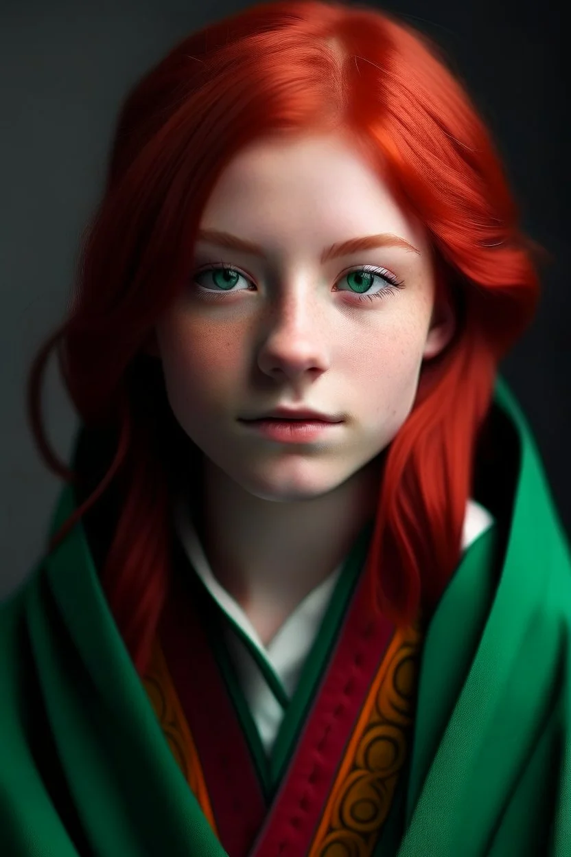 A girl with red hair and green eyes and she is wearing a Hogwarts robe