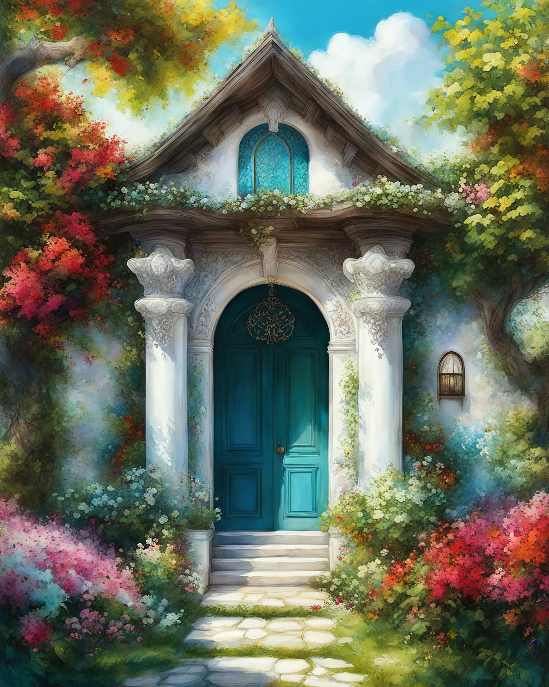 Country house, summer, stone entrance, garden, bright flowers, beautiful jasmines, tree, chestnut trees, Karol Bak, Zeen Chin, vibrant colors, perfect coloring, art drawing, beautiful character painting, fantasy art portrait, white background, Alberto Seveso, Watercolor, trending on artstation, sharp focus, studio photo, intricate details, highly detailed, by greg rutkowskidetailed illustration, cinematic, ultra highly detailed, tiny details, beautiful details, mystical, luminism, vibrant colors